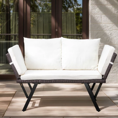 Karl Home | Convertible Outdoor Wicker Sofa With White Cushions And Pillows 3 Karl Home | Convertible Outdoor Wicker Sofa With White Cushions And Pillows - Image 3