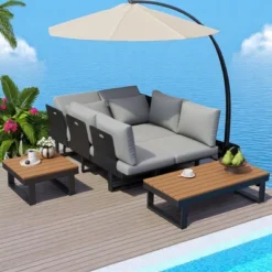 Outdoor Modular Sofa Set With Recliners, Patio Conversation Set Patio Seating Group Outdoor Daybed,Coffee Table For Patio,Garden