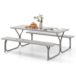 Costway 6 FT Picnic Table Bench Set Outdoor Dining Table & 2 Benches With Metal Frame Green/White/Black/Grey -VIDAXL Sale Store GUEST 39dc9b49 36c4 4396 9d15 eead12b3dff8