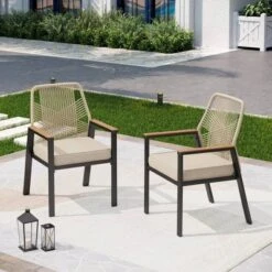 Captiva Designs 9pc Outdoor Slat-top Square Metal Dining Table And Thick Cushion Fixed Wicker Chairs