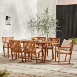Featured Products 17 Saracina Home 7pc Modern Slatted Acacia Outdoor Dining Set With Trapezoid Legs