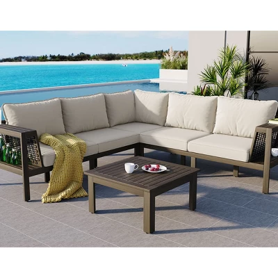 Outdoor 4-Pieces L-Shaped Sectional Sofa, Acacia Frame Sofa With Woven Mesh Armrests And Table, Sofa With Polyester Cushions–Cuddlewood 2 Outdoor 4-Pieces L-Shaped Sectional Sofa, Acacia Frame Sofa With Woven Mesh Armrests And Table, Sofa With Polyester Cushions–Cuddlewood - Image 2
