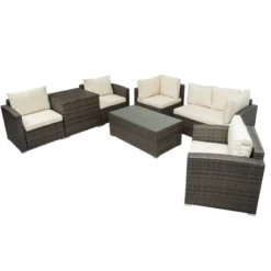 7pc Wicker Patio Seating Set With Cushions & Storage Box - Gray/Beige - GODEER -VIDAXL Sale Store GUEST 3ce846b6 8529 4db2 a7fd 2cc6356a48f5