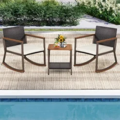Costway 3PCS Patio Rattan Rocking Chair Bistro Set Armrest Cushion Table With Storage Shelf