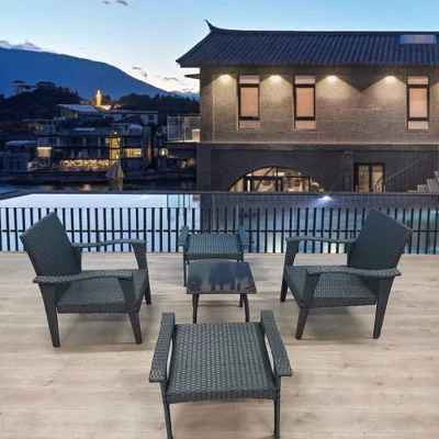 5pc Outdoor Wicker Conversation Set With Arm Chairs, Accent Table & Ottomans - Gray - GODEER 2 5pc Outdoor Wicker Conversation Set With Arm Chairs, Accent Table & Ottomans - Gray - GODEER - Image 2