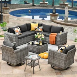 Marlton 9pc Wicker Outdoor Patio Furniture Set Conversation Sofa Sectional With Swivel Chairs And Cushions -VIDAXL Sale Store GUEST 3ef6f33a a86c 4d72 9994 64cdd4e26184