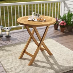 Tangkula Patio Teak Wood Dining Table 27.5" Round Side Table W/ Slatted Tabletop