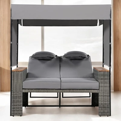 2-Piece Outdoor Rattan Daybed With 5 Positions, Canopy, Bench, And Cushions For Poolside, Backyard & Garden 13 2-Piece Outdoor Rattan Daybed With 5 Positions, Canopy, Bench, And Cushions For Poolside, Backyard & Garden - Image 13