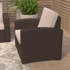 Merrick Lane Outdoor Furniture Resin Chair Chocolate Brown Faux Rattan Wicker Pattern Patio Chair With All-Weather Beige Cushion -VIDAXL Sale Store GUEST 451657d3 2ae4 425c 8356 93bc57a12163