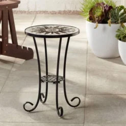 Teal Island Designs Modern Black Round Outdoor Accent Side Table 14" Wide Brown Sunburst Mosaic Tabletop For Front Porch Patio House