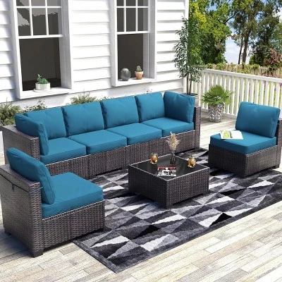 7Pcs PE Rattan Patio Conversation Set With Sectional Sofa & Coffee Table, Outdoor Furniture For Garden, Poolside, And Backyard 7 7Pcs PE Rattan Patio Conversation Set With Sectional Sofa & Coffee Table, Outdoor Furniture For Garden, Poolside, And Backyard - Image 7