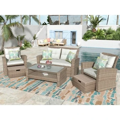 Eden 6 Piece Outdoor Conversation Set All Weather Wicker Sectional Sofa With Ottoman And Cushions Patio Furniture Set-Maison Boucle 11 Eden 6 Piece Outdoor Conversation Set All Weather Wicker Sectional Sofa With Ottoman And Cushions Patio Furniture Set-Maison Boucle - Image 11