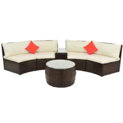 4pc Wicker Half-Moon Patio Set With Cushions - Brown/Beige - GODEER -VIDAXL Sale Store GUEST 46a64637 dce4 47d2 b4ee 4c6d47880139