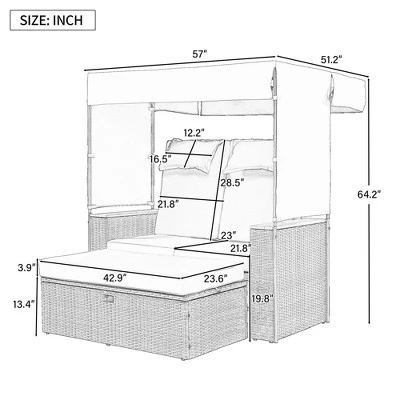 2-Piece Outdoor Rattan Daybed With 5 Positions, Canopy, Bench, And Cushions For Poolside, Backyard & Garden 1 2-Piece Outdoor Rattan Daybed With 5 Positions, Canopy, Bench, And Cushions For Poolside, Backyard & Garden