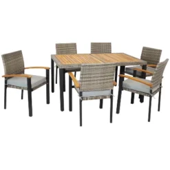 Sunnydaze Decor Sunnydaze Outdoor Rattan And Acacia Wood Carlow Patio Dining Set With Table, Chairs, And Seat Cushions - 7pc -VIDAXL Sale Store GUEST 47986362 568d 4ef4 9e29 59d689ec6f37