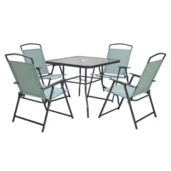 5pc Outdoor Steel Dining Set With Folding Chairs & Square Glass Table Top Green - Crestlive Products