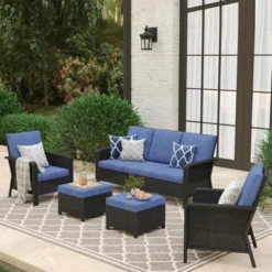 SUGOLD Hand Woven Wicker Patio Conversation Set With Blue Cushions -VIDAXL Sale Store GUEST 489991c4 eb46 4d8d 84f5 5a1cc2b1b1d8