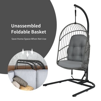 Costway Hanging Wicker Egg Chair W/ Stand Cushion Foldable Outdoor Indoor 4 Costway Hanging Wicker Egg Chair W/ Stand Cushion Foldable Outdoor Indoor - Image 4