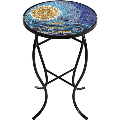 Teal Island Designs Modern Black Round Outdoor Accent Side Table 14" Wide Blue Ocean Mosaic Tabletop Front Porch Patio Home House 4 Teal Island Designs Modern Black Round Outdoor Accent Side Table 14" Wide Blue Ocean Mosaic Tabletop Front Porch Patio Home House - Image 4