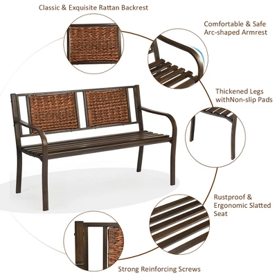 Costway Patio Garden Bench Steel Frame Rattan Backrest Park Yard Outdoor Porch Furniture 3 Costway Patio Garden Bench Steel Frame Rattan Backrest Park Yard Outdoor Porch Furniture - Image 3