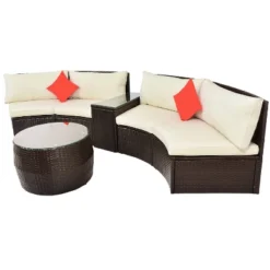 4pc Wicker Half-Moon Patio Set With Cushions - Brown/Beige - GODEER -VIDAXL Sale Store GUEST 4efb7264 2909 4e62 b1b3 8b348feb36f9