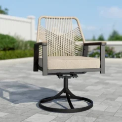 Captiva Designs 5pc Patio Slat-top Round Metal Dining Table And Thick Cushion Swivel Wicker Chairs