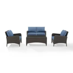 Kiawah 4pc Outdoor Wicker Conversation Set With Sofa, Arm Chairs & Coffee Table Blue - Crosley