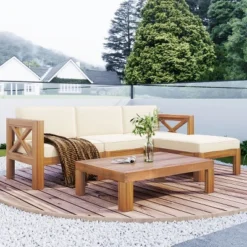 5 Piece Outdoor Corner Patio Sofa Set,L-Shaped Wood Garden Sectional Sofa Set,Patio Conversation Set With Cushions And Coffee Table-Coolbibila