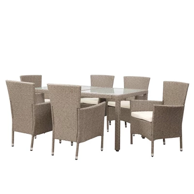 7pc Wicker Outdoor Dining Set With Cushions - Beige - GODEER 3 7pc Wicker Outdoor Dining Set With Cushions - Beige - GODEER - Image 3