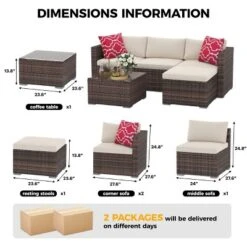 Modular Rattan Patio Sofa Set - All-Weather Wicker Sectional Conversation Set With Ottoman, Glass Table & Detachable Cushions