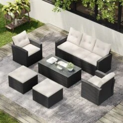 6 Piece Wicker Patio Furniture Sets,Sectional Sofa Set With Coffee Table,Modern Outdoor Garden Sofa Set With Ottomans And Cushions-Coolbibila