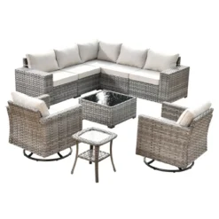 Marlton 9pc Wicker Outdoor Patio Furniture Set Conversation Sofa Sectional With Swivel Chairs And Cushions