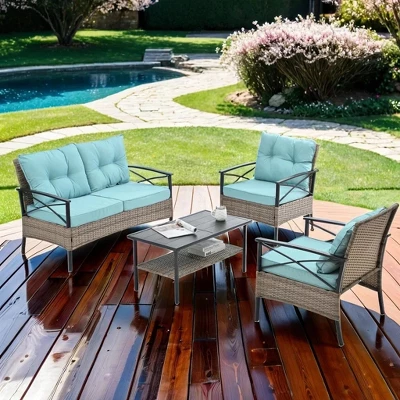 ELJGET 4 Pieces Outdoor Patio Furniture Set, Wicker Rattan Conversation Set With Table For Porch Deck, Blue 10 ELJGET 4 Pieces Outdoor Patio Furniture Set, Wicker Rattan Conversation Set With Table For Porch Deck, Blue - Image 10