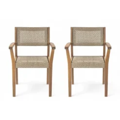 2pc Outdoor Dining Chairs, Solid Acacia Wood Frame With Wicker Backrest, Weather-Resistant Patio Seating For Garden Or Deck - Coolbibila