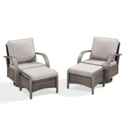 POCASSY 4 Piece Patio Furniture Set With Swivel Chairs And Ottomans, Metal Armrest Swivel Outdoor Chair Set Brown Wicker Swivel Patio Chairs For Porch