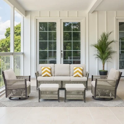 Buenhomino 5-Piece Patio Set – Sofa, 2 Swivel Chairs & 2 Ottomans, UV-Resistant Resin Wicker With Powder-Coated Steel Frame 13 Buenhomino 5-Piece Patio Set – Sofa, 2 Swivel Chairs & 2 Ottomans, UV-Resistant Resin Wicker With Powder-Coated Steel Frame - Image 13