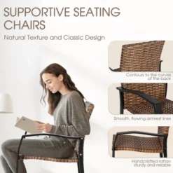 HOMEFUN 3 Pieces Outdoor Bar Stools Set,Rattan Bar Chairs,with Glass Table Top, Wicker Bar Stools For Backyard,Brown