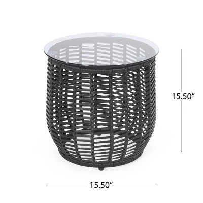 15.5'' Round Rattan Side Table With Tempered Glass Top,Boho Outdoor Accent Table For Patio Or Balcony-Cuddlewood 3 15.5'' Round Rattan Side Table With Tempered Glass Top,Boho Outdoor Accent Table For Patio Or Balcony-Cuddlewood - Image 3