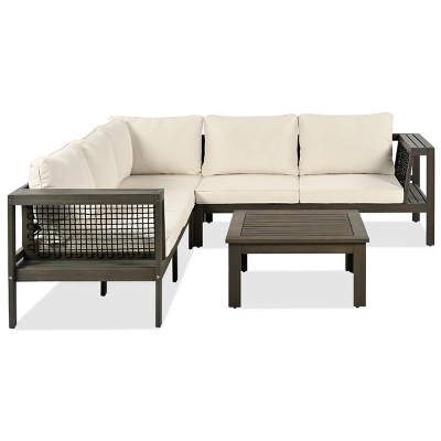 Outdoor 4-Pieces L-Shaped Sectional Sofa, Acacia Frame Sofa With Woven Mesh Armrests And Table, Sofa With Polyester Cushions–Cuddlewood 5 Outdoor 4-Pieces L-Shaped Sectional Sofa, Acacia Frame Sofa With Woven Mesh Armrests And Table, Sofa With Polyester Cushions–Cuddlewood - Image 5
