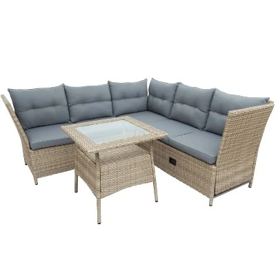 4pc Wicker Adjustable Patio Seating Set With Cushions - Natural/Gray - GODEER 4 4pc Wicker Adjustable Patio Seating Set With Cushions - Natural/Gray - GODEER - Image 4