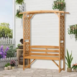 Outsunny Patio Garden Bench Arbor Arch With Pergola And 2 Trellises, 3 Seat Natural Wooden Outdoor Bench For Grape Vines & Climbing Plants