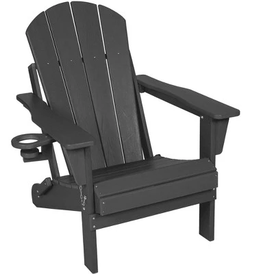 Akoasm Composite Foldable Wood Texture Adirondack Chair With Dual Cup Holder-Gray 4 Akoasm Composite Foldable Wood Texture Adirondack Chair With Dual Cup Holder-Gray - Image 4