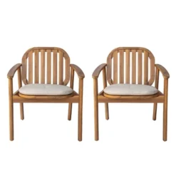 Outdoor Acacia Wood Dining Chair Set Of 2,Patio Dining Chair With Eucalyptus Wood Legs,Arm Chairs With Cushion For Garden Or Balcony-Coolbibila