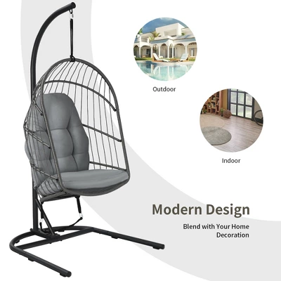 Costway Hanging Wicker Egg Chair W/ Stand Cushion Foldable Outdoor Indoor 8 Costway Hanging Wicker Egg Chair W/ Stand Cushion Foldable Outdoor Indoor - Image 8