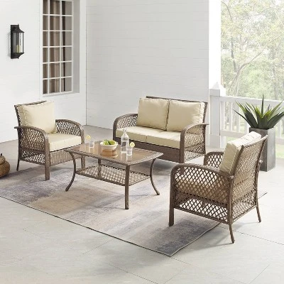 Tribeca 4pc Outdoor Wicker Conversation Set - Sand/Driftwood - Crosley 1 Tribeca 4pc Outdoor Wicker Conversation Set - Sand/Driftwood - Crosley