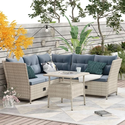 4pc Wicker Adjustable Patio Seating Set With Cushions - Natural/Gray - GODEER 1 4pc Wicker Adjustable Patio Seating Set With Cushions - Natural/Gray - GODEER
