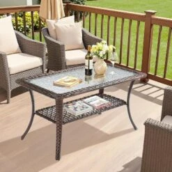 VINGLI Outdoor Coffee Table With Storage Wicker Patio Coffee Table, Tempered Glass Top Coffee Table For Patio Outside Balcony Porch Deck (Brown) -VIDAXL Sale Store GUEST 7288b80f cb93 46ab 8a88 99362206c7b9