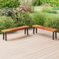Tangkula Outdoor Acacia Wood Benches Set Of 2 W/ Slatted Top & Flared Metal Legs -VIDAXL Sale Store GUEST 73174040 d95e 4ba1 8207 ab845862b3ea