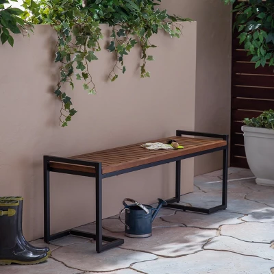 Coolbibila-Patio Benches With Cantilever Iron Legs, Garden Benches Constructed From Slatted Acacia Wood, Modern Garden Bench Outdoor 8 Coolbibila-Patio Benches With Cantilever Iron Legs, Garden Benches Constructed From Slatted Acacia Wood, Modern Garden Bench Outdoor - Image 8