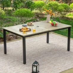 Captiva Designs 7pc Patio Wood-look Rectangle Dining Table & Rattan Chairs With Removable Cushions